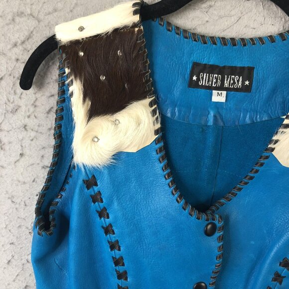 Silver Mesa Vest Womens Medium Blue Leather Cowhide Rhinestone Western Boho - Picture 7 of 16